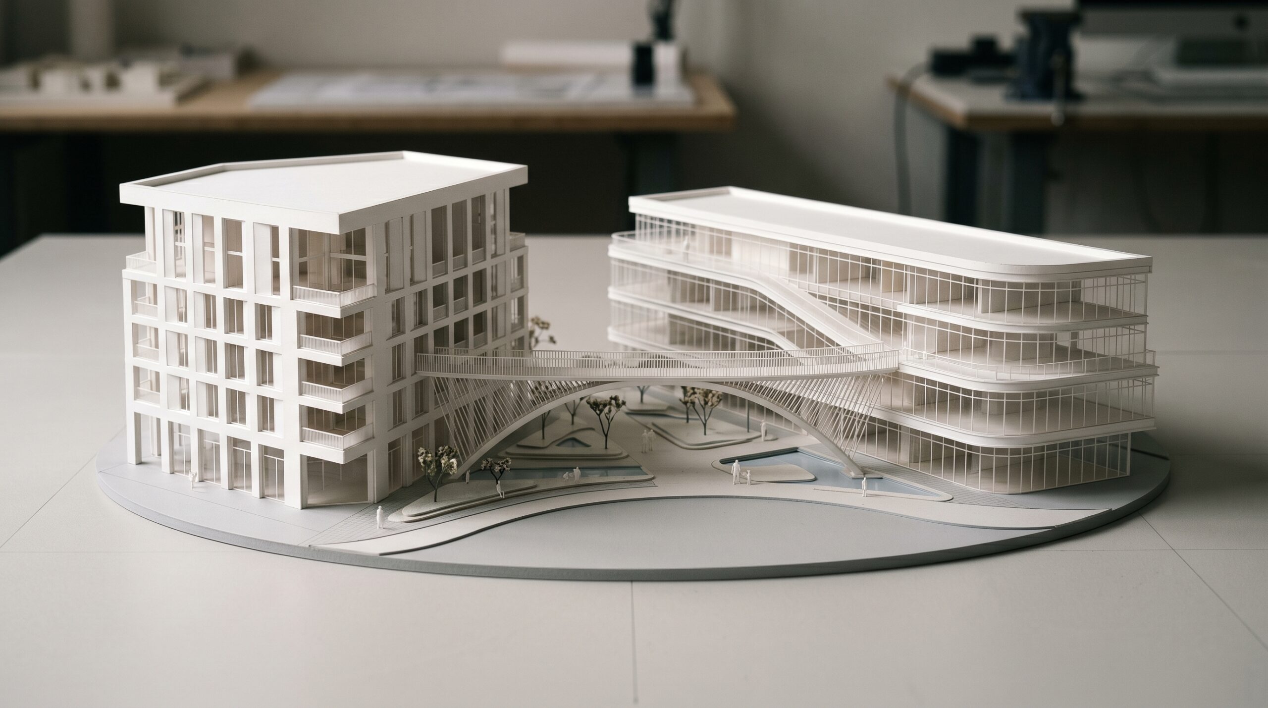 Architectural scale model bridging two buildings — visual metaphor for tax-engineered business succession