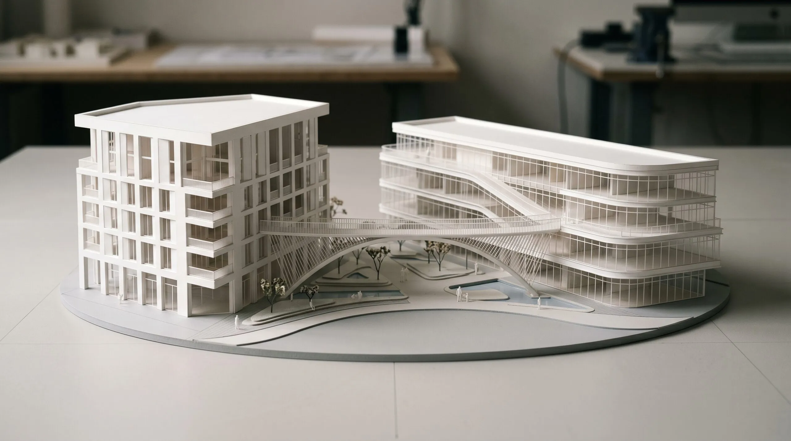 Architectural scale model bridging two buildings — visual metaphor for tax-engineered business succession
