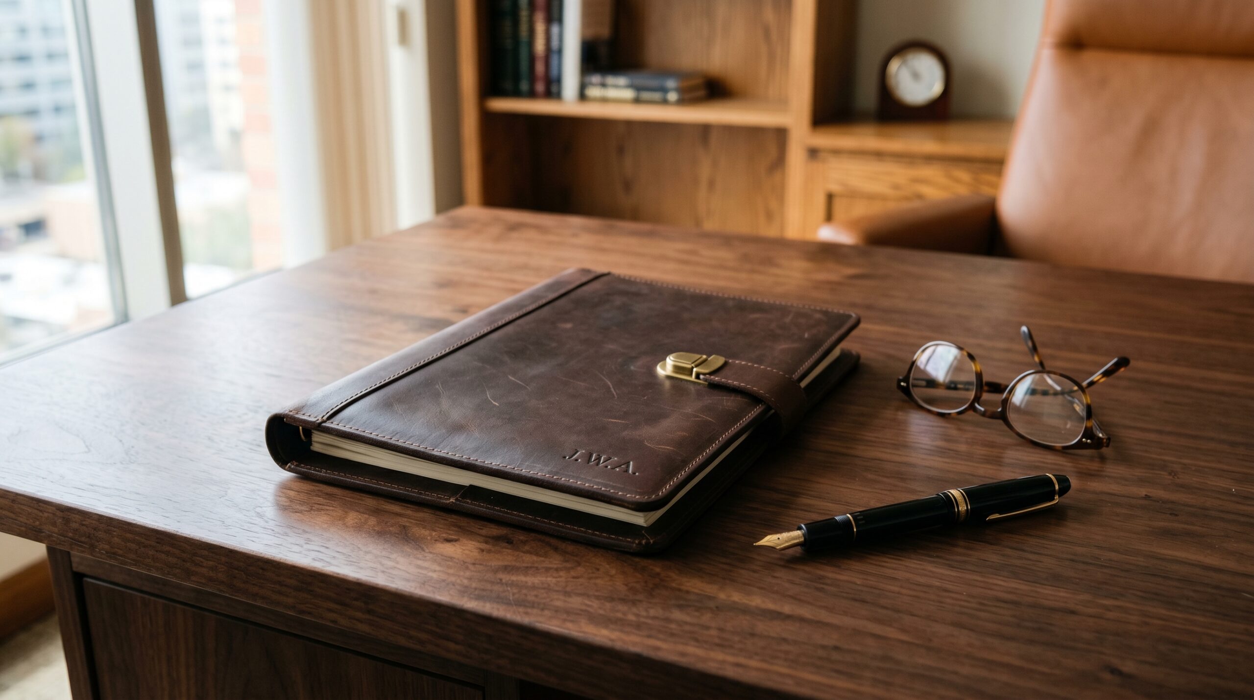 Owner reviewing exit and succession documents at a professional executive desk