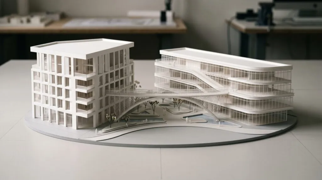 Scale model of a commercial real estate building, illustrating cost segregation and depreciation recapture planning before a sale